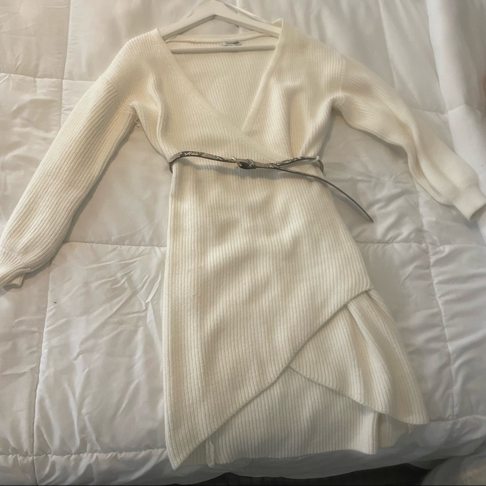 Ivory long sleeve wrap sweater dress